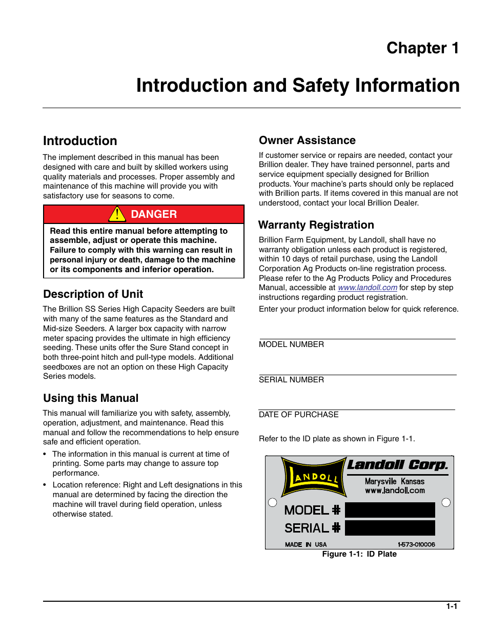 Introduction and safety information, Introduction, Description of unit | Using this manual, Owner assistance, Warranty registration, Chapter 1 | Landoll SSP2101 High Capacity Sure Stand Seeder User Manual | Page 5 / 54