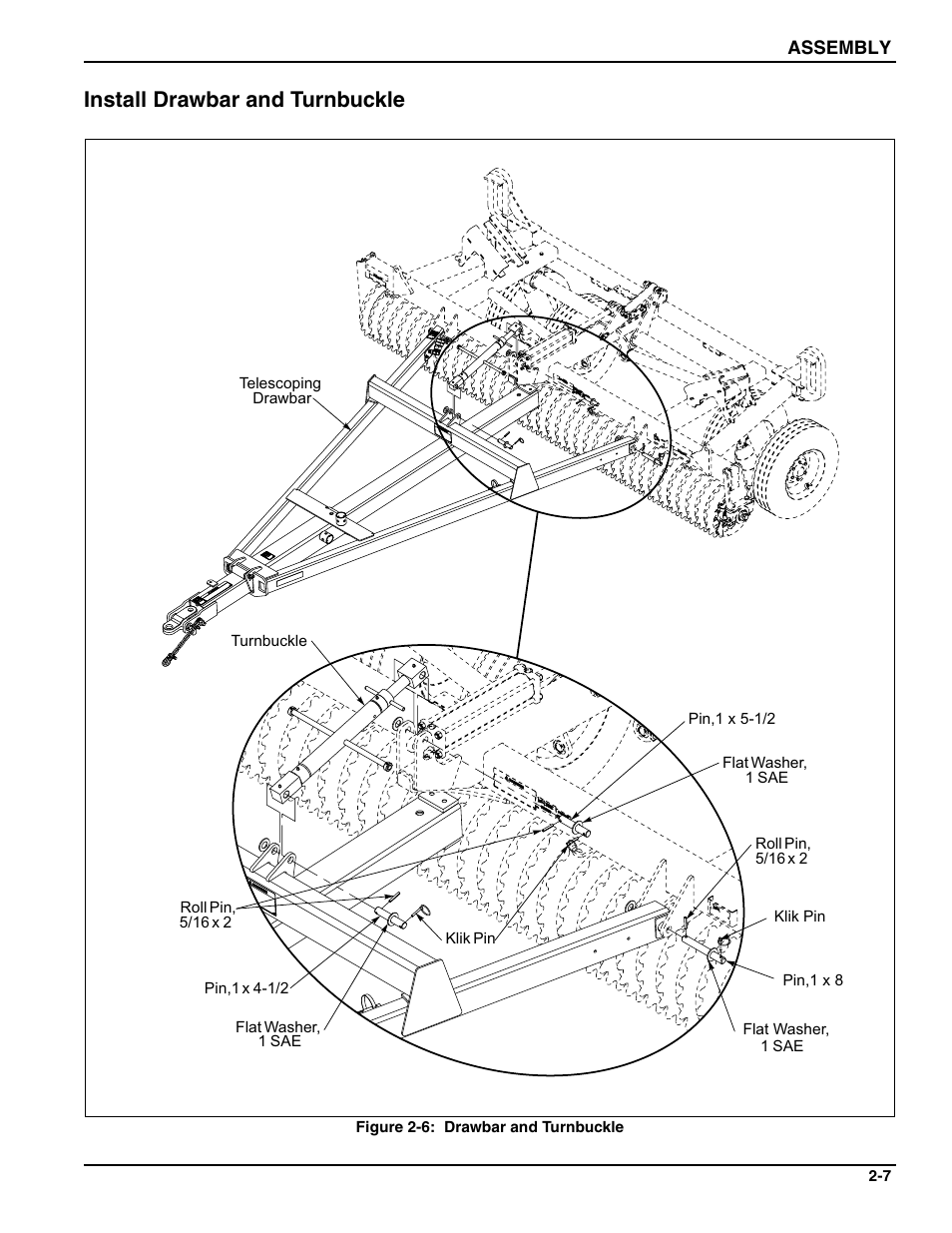 Install drawbar and turnbuckle | Landoll WFPC22-36 Wing Float Pulverizer User Manual | Page 21 / 54