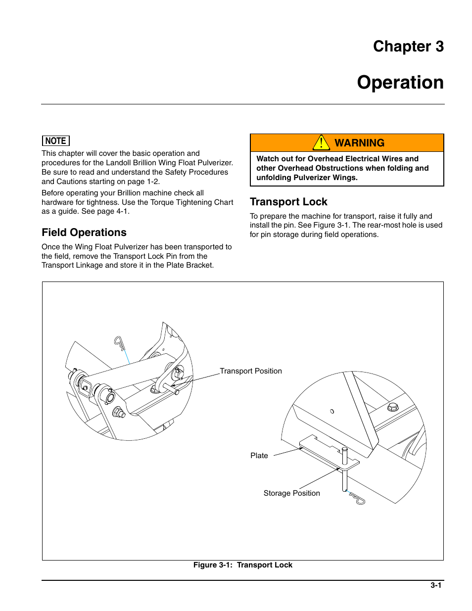 Operation, Field operations, Transport lock | Chapter 3 | Landoll WFPC22-36 Wing Float Pulverizer User Manual | Page 37 / 54