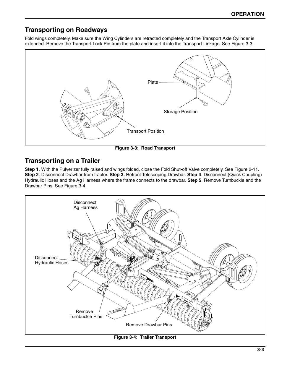 Transporting on roadways, Transporting on a trailer | Landoll WFPC22-36 Wing Float Pulverizer User Manual | Page 39 / 54