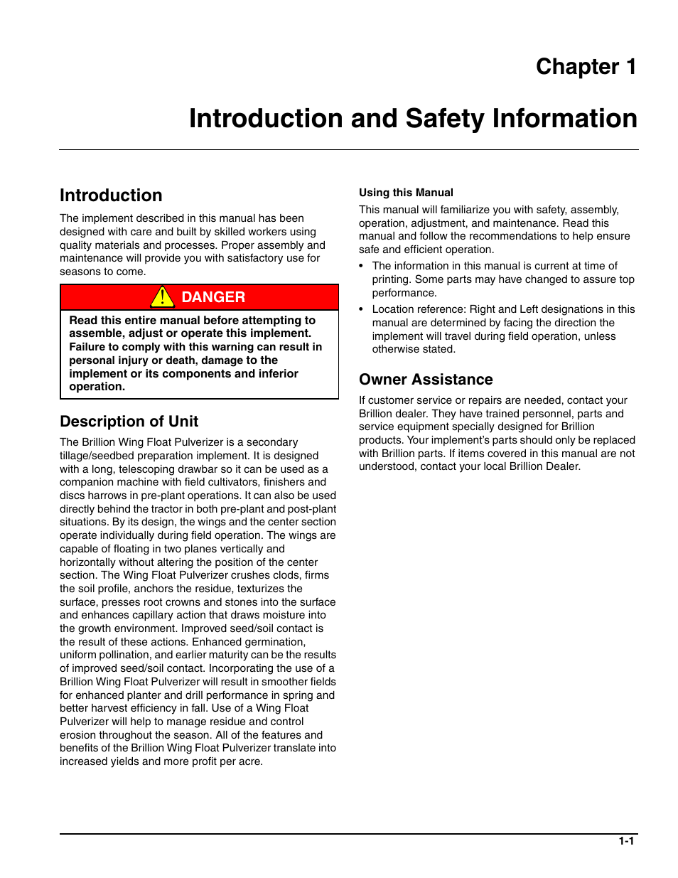 Introduction and safety information, Introduction, Description of unit | Owner assistance, Chapter 1 | Landoll WFPC22-36 Wing Float Pulverizer User Manual | Page 5 / 54