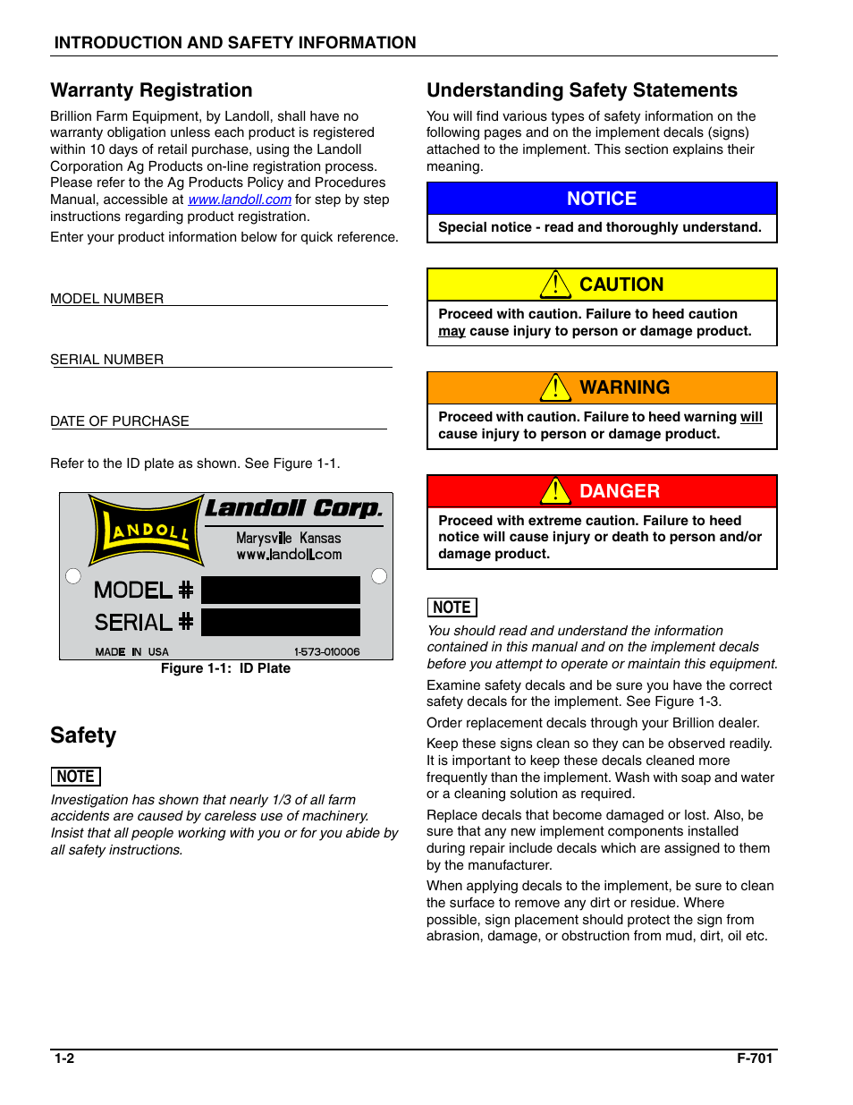 Warranty registration, Safety, Understanding safety statements | Landoll WFPC22-36 Wing Float Pulverizer User Manual | Page 6 / 54