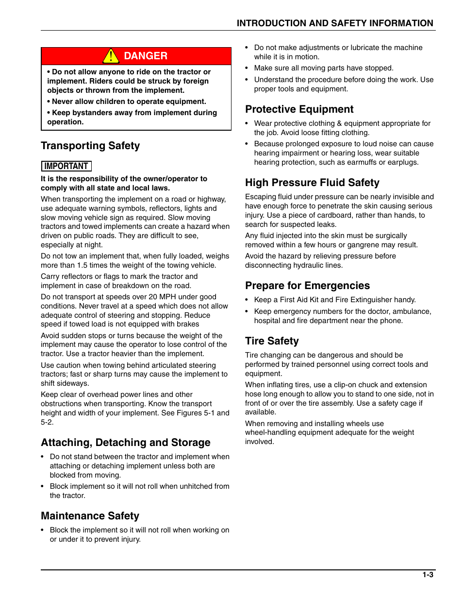 Transporting safety, Attaching, detaching and storage, Maintenance safety | Protective equipment, High pressure fluid safety, Prepare for emergencies, Tire safety, Danger transporting safety | Landoll WFPC22-36 Wing Float Pulverizer User Manual | Page 7 / 54