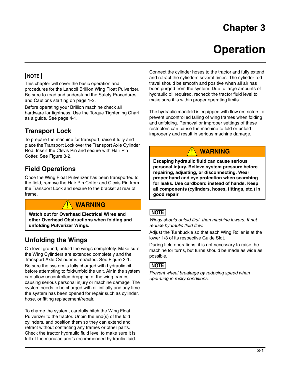 Operation, Transport lock, Field operations | Unfolding the wings, Chapter 3 | Landoll WFPC38-52 Wing Float Pulverizer User Manual | Page 39 / 58