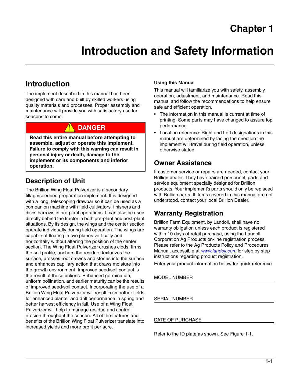 Introduction and safety information, Introduction, Description of unit | Owner assistance, Warranty registration, Chapter 1 | Landoll WFPC38-52 Wing Float Pulverizer User Manual | Page 5 / 58