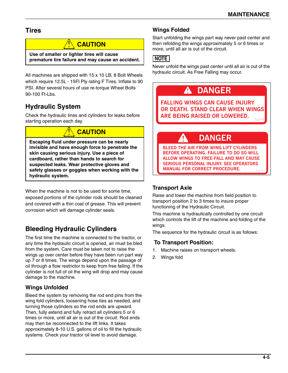 Tires, Hydraulic system, Bleeding hydraulic cylinders | Danger | Landoll WFPC38-52 Wing Float Pulverizer User Manual | Page 51 / 58