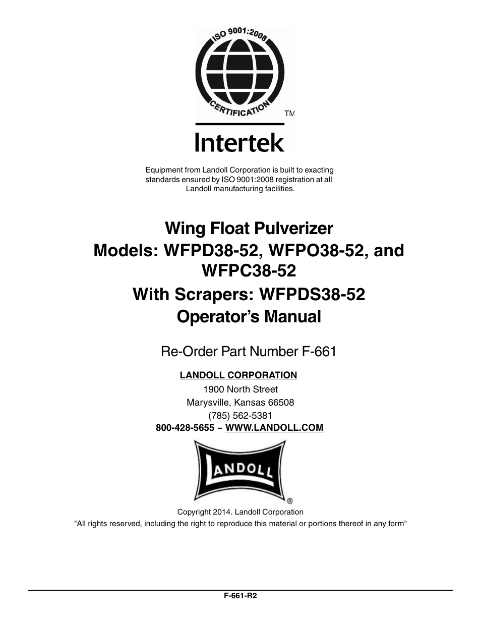 Re-order part number f-661 | Landoll WFPC38-52 Wing Float Pulverizer User Manual | Page 58 / 58