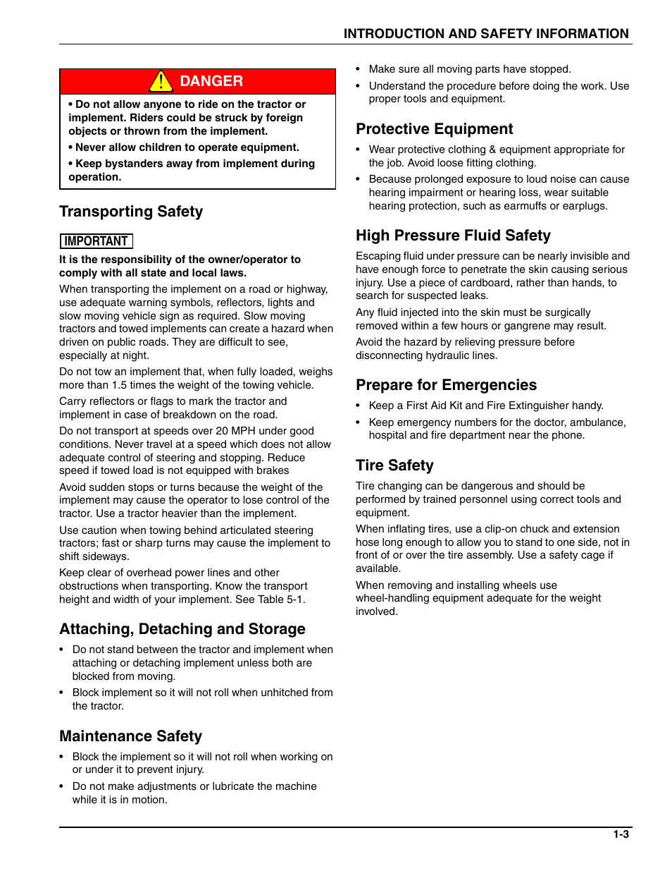 Transporting safety, Attaching, detaching and storage, Maintenance safety | Protective equipment, High pressure fluid safety, Prepare for emergencies, Tire safety, Danger transporting safety | Landoll WFPC38-52 Wing Float Pulverizer User Manual | Page 7 / 58