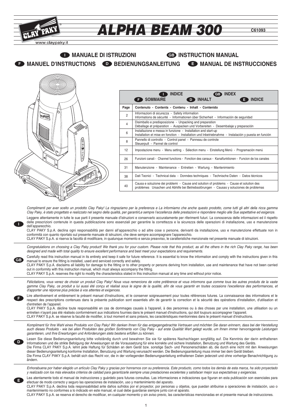 Clay Paky ALPHA BEAM C61093 User Manual | 40 pages