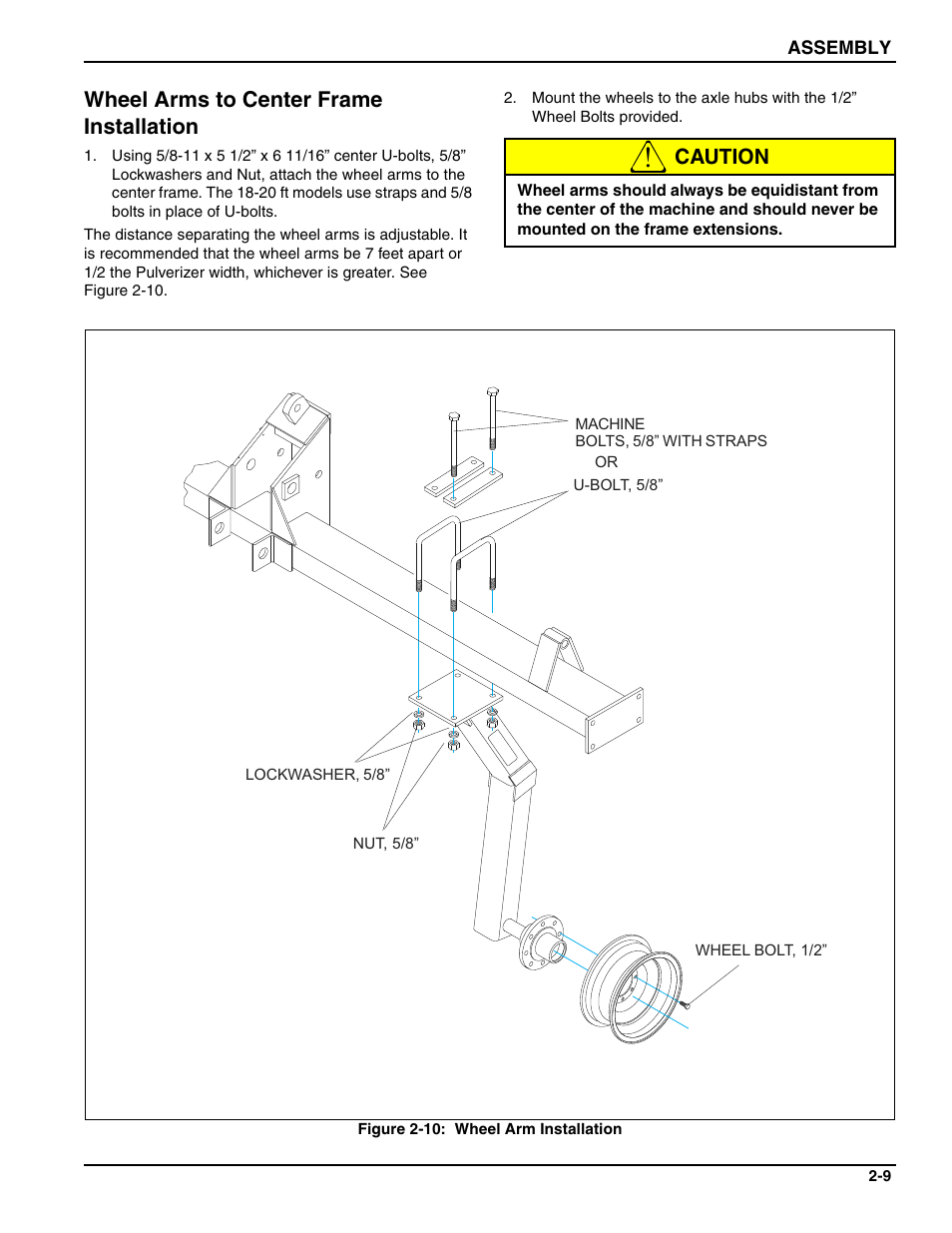 Wheel arms to center frame installation, Caution | Landoll PT Series 10 through 20 Transport Pulverizer User Manual | Page 19 / 50