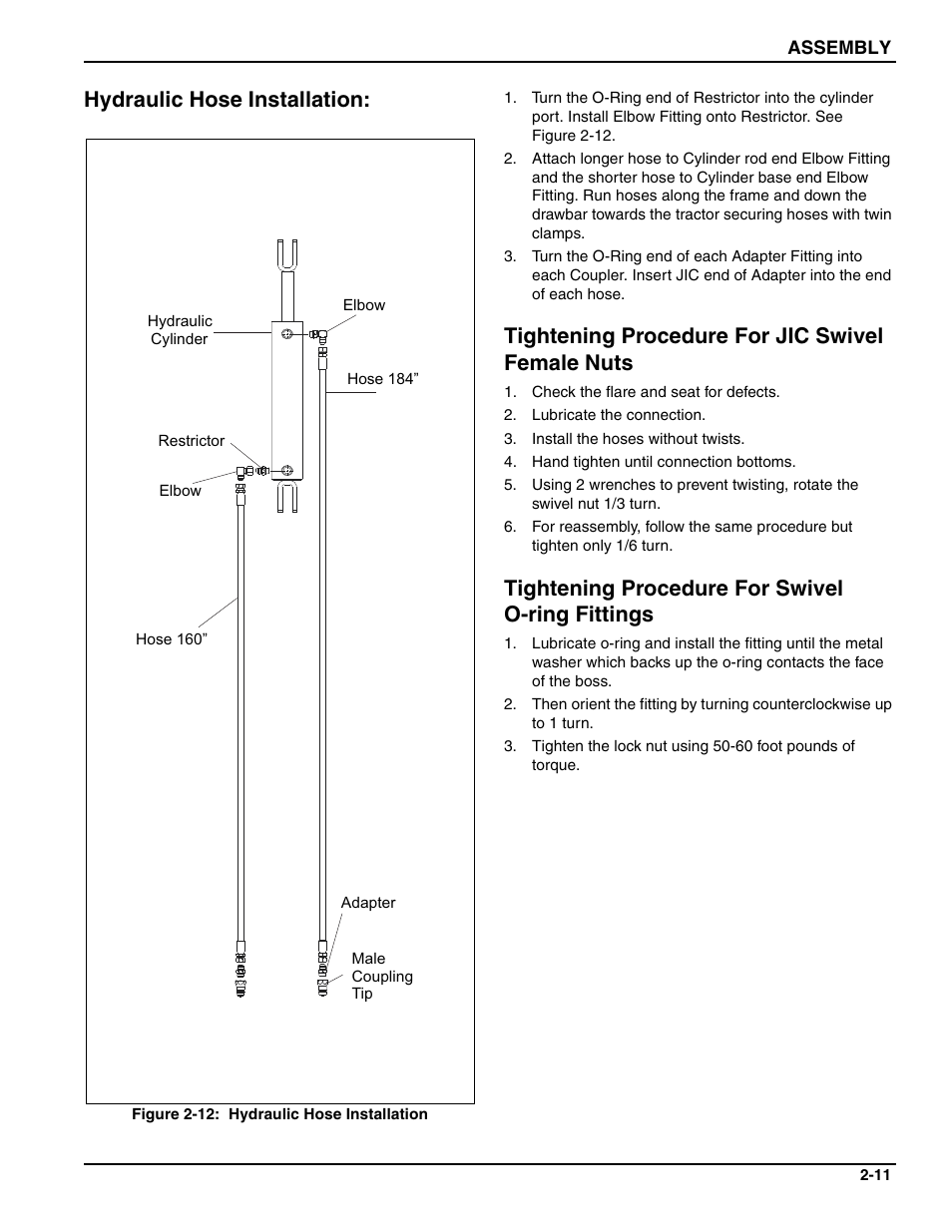 Hydraulic hose installation, Tightening procedure for jic swivel female nuts, Tightening procedure for swivel o-ring fittings | Landoll PT Series 10 through 20 Transport Pulverizer User Manual | Page 21 / 50