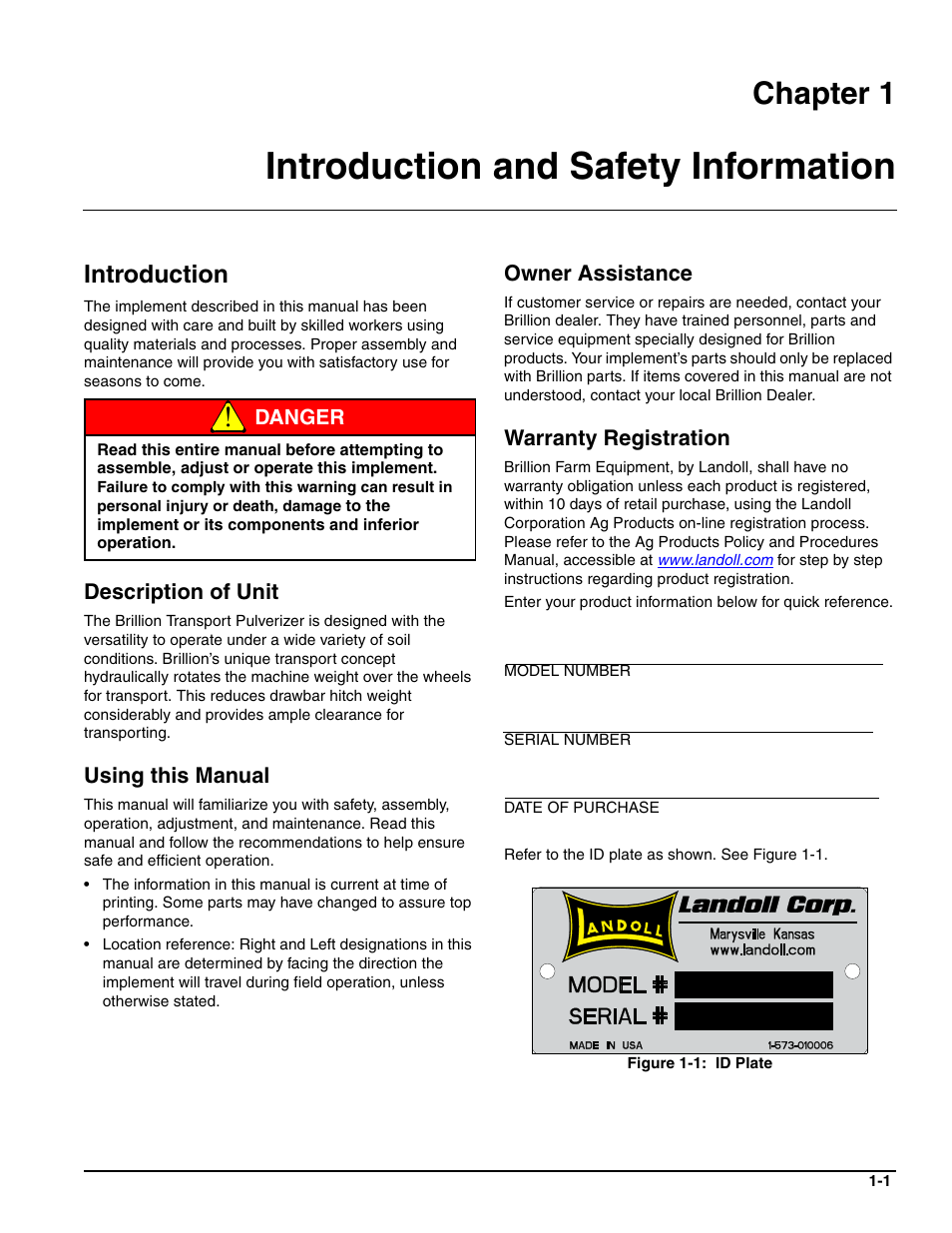 Introduction and safety information, Introduction, Description of unit | Using this manual, Owner assistance, Warranty registration, Chapter 1 | Landoll PT Series 10 through 20 Transport Pulverizer User Manual | Page 5 / 50