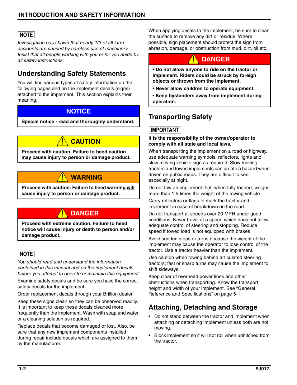 Understanding safety statements, Transporting safety, Attaching, detaching and storage | Landoll PT Series 10 through 20 Transport Pulverizer User Manual | Page 6 / 50