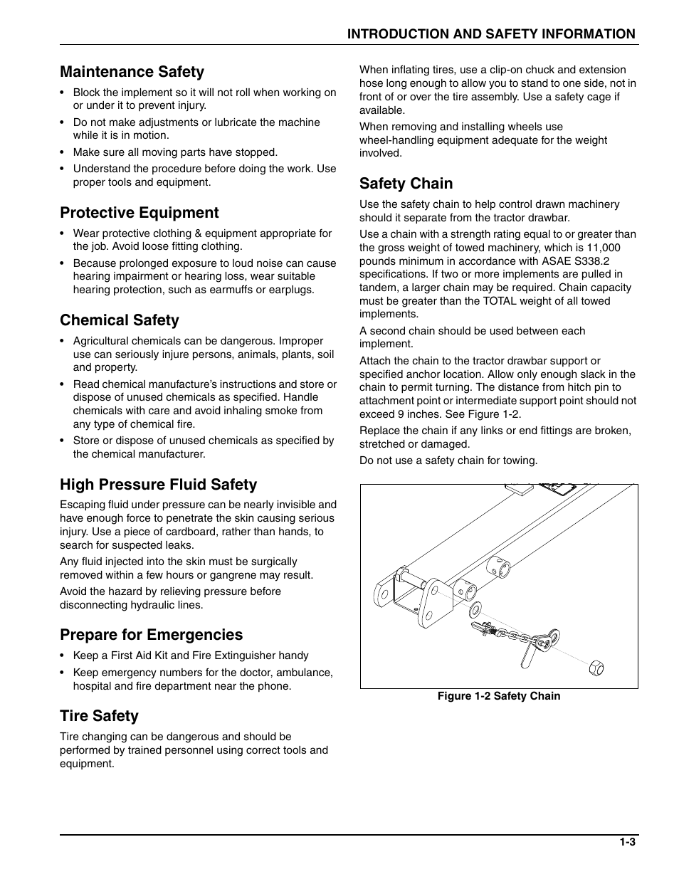 Maintenance safety, Protective equipment, Chemical safety | High pressure fluid safety, Prepare for emergencies, Tire safety, Safety chain | Landoll PT Series 10 through 20 Transport Pulverizer User Manual | Page 7 / 50