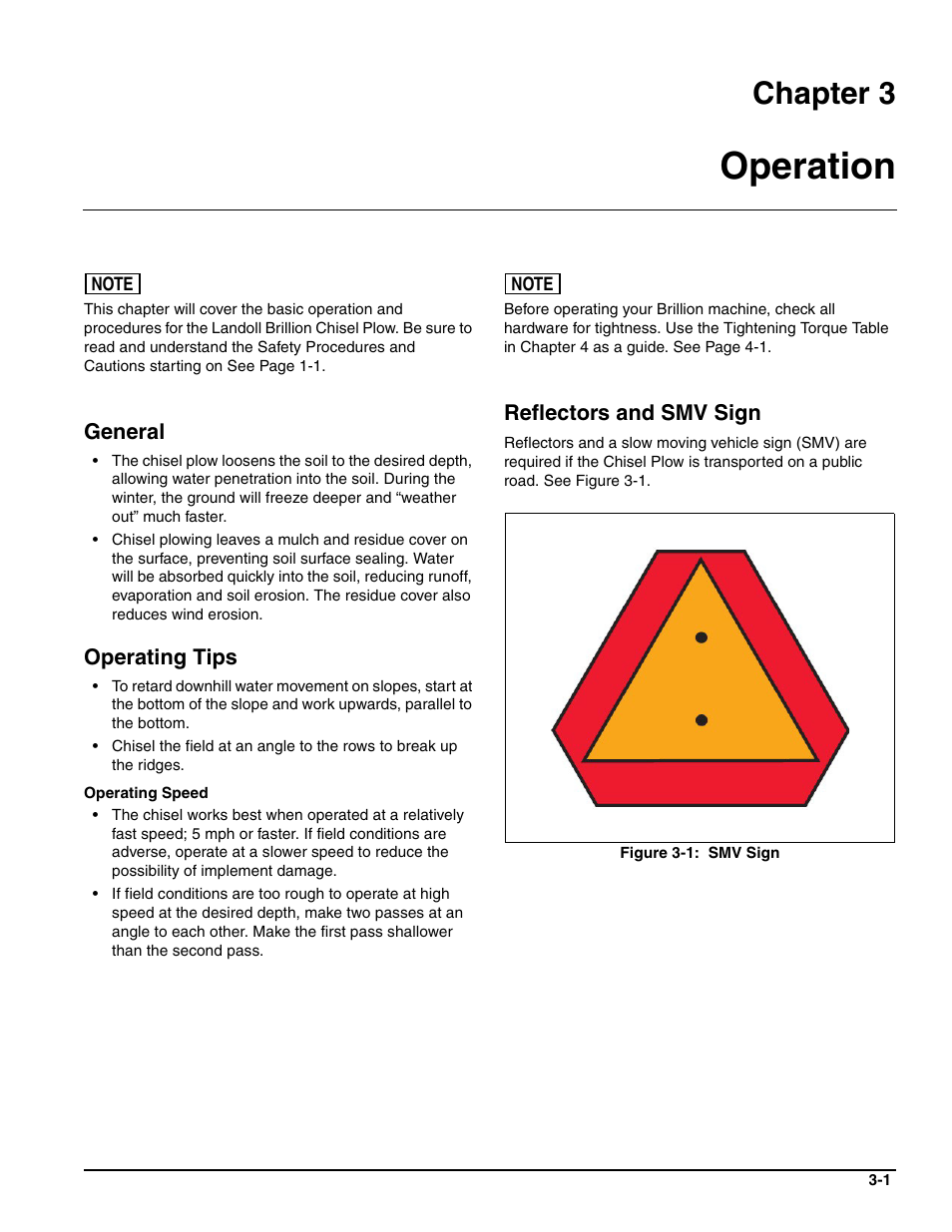 Operation, General, Operating tips | Chapter 3, Reflectors and smv sign | Landoll CPP7-03 through CPP12-03 Chisel Plow User Manual | Page 23 / 30