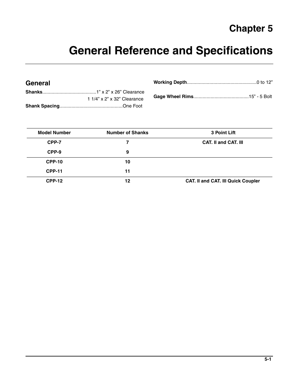 General reference and specifications, General, Chapter 5 | Landoll CPP7-03 through CPP12-03 Chisel Plow User Manual | Page 27 / 30