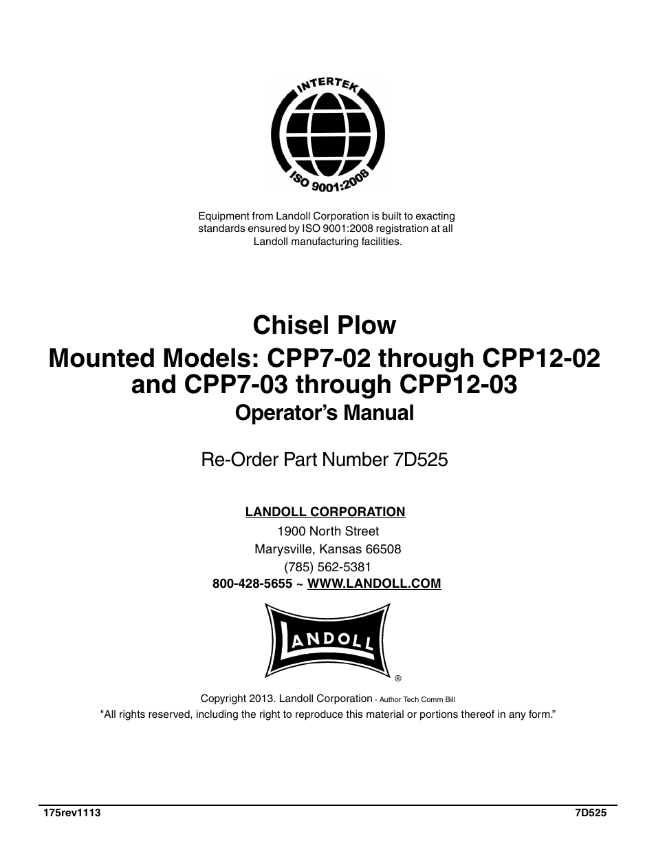 Operator’s manual, Re-order part number 7d525 | Landoll CPP7-03 through CPP12-03 Chisel Plow User Manual | Page 30 / 30