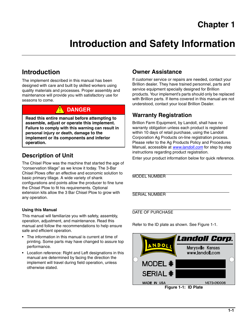 Introduction and safety information, Description of unit, Owner assistance | Warranty registration, Introduction, Chapter 1 | Landoll CPP7-03 through CPP12-03 Chisel Plow User Manual | Page 5 / 30