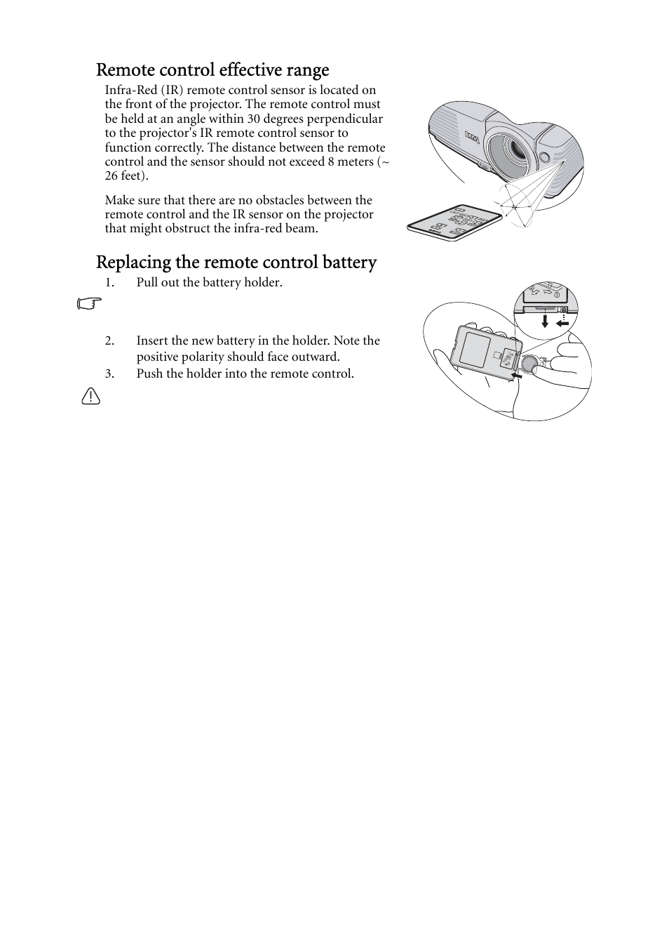 Remote control effective range, Replacing the remote control battery | BenQ MP522 User Manual | Page 12 / 59