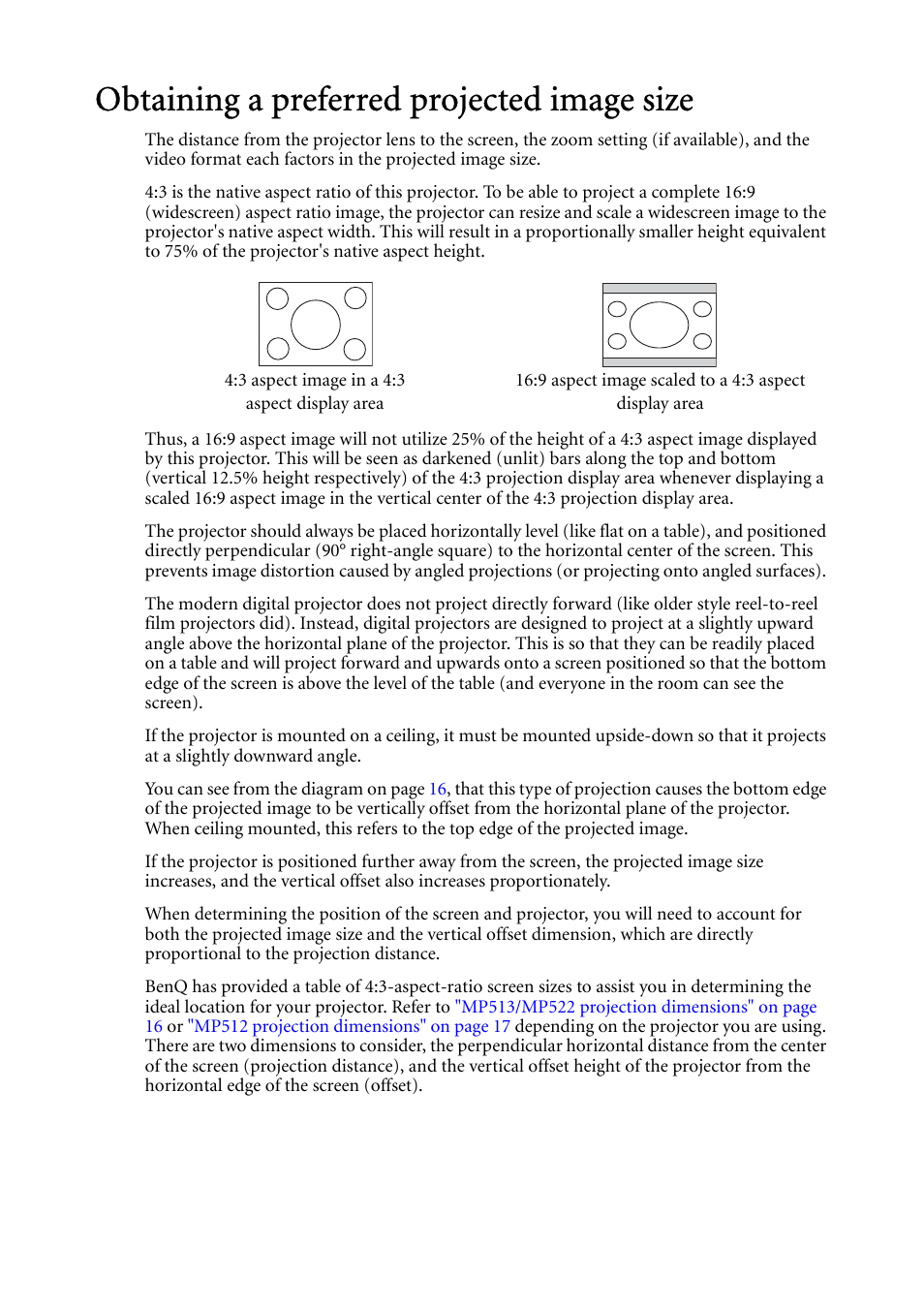 Obtaining a preferred projected image size | BenQ MP522 User Manual | Page 14 / 59
