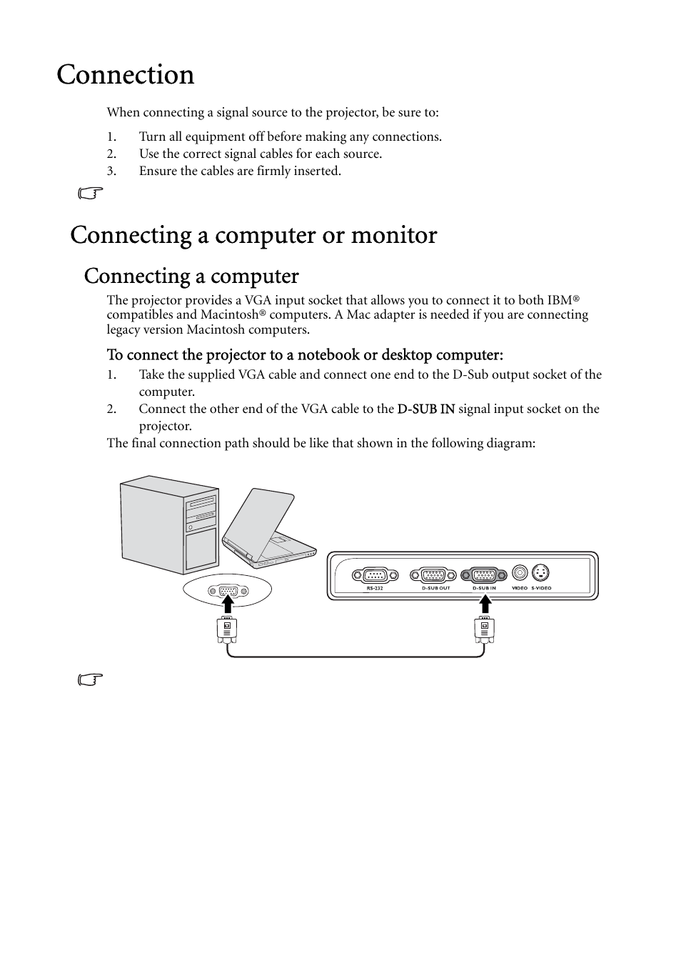 Connection, Connecting a computer or monitor, Connecting a computer | BenQ MP522 User Manual | Page 18 / 59