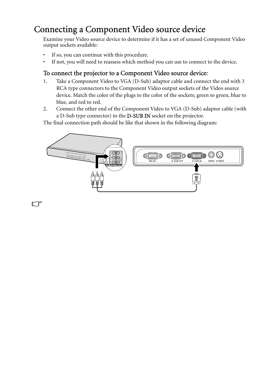 Connecting a component video source device, For h | BenQ MP522 User Manual | Page 21 / 59