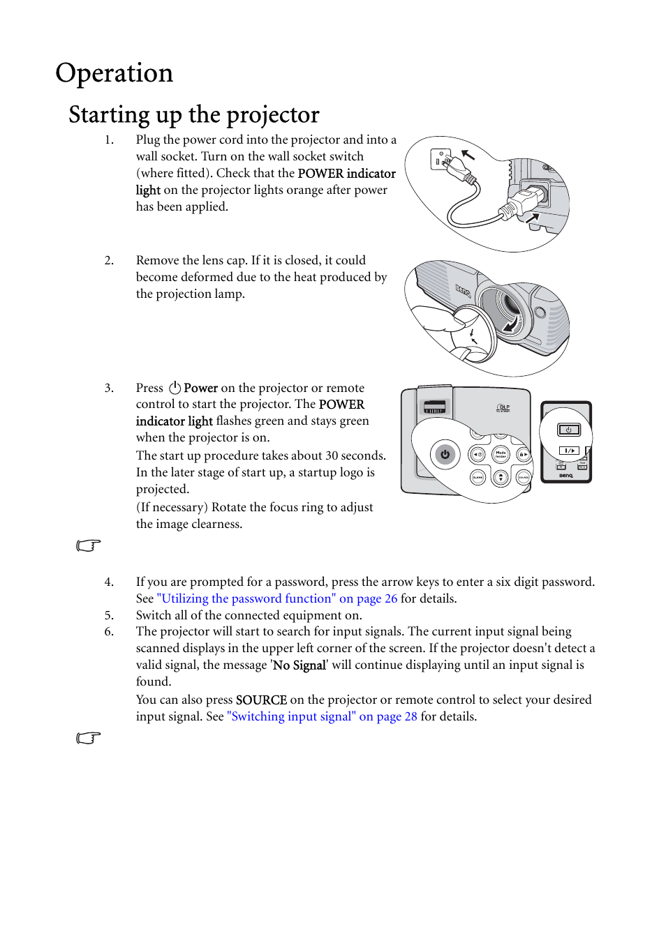 Operation, Starting up the projector, Starting up the | BenQ MP522 User Manual | Page 24 / 59