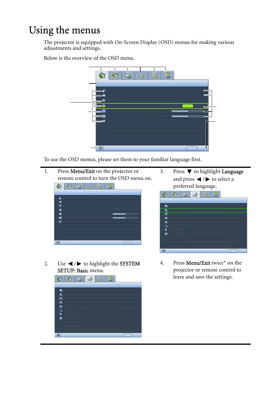 Using the menus, Using the menus" on, For detail | Operation 25 | BenQ MP522 User Manual | Page 25 / 59