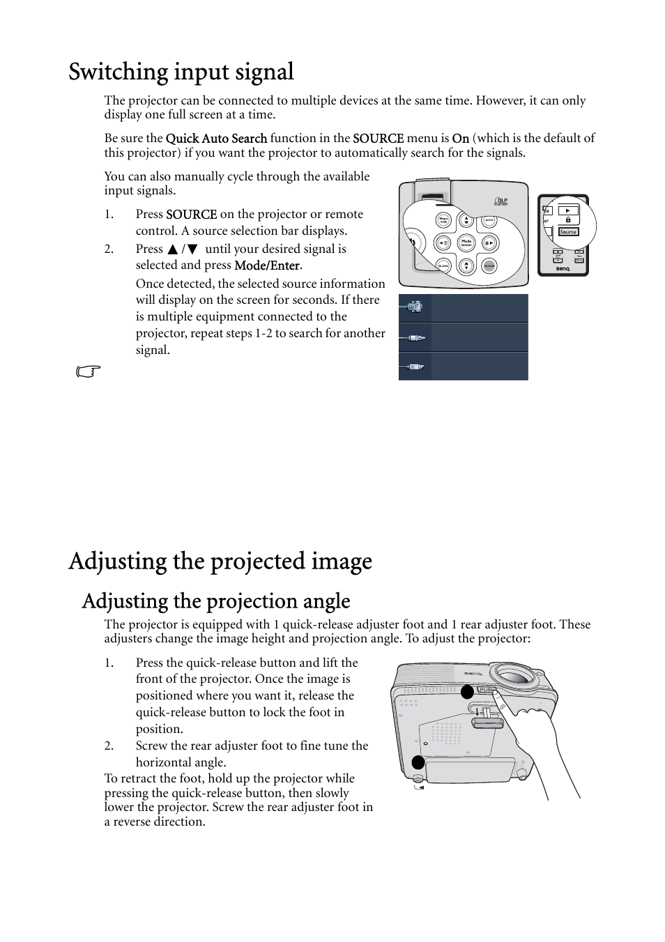 Switching input signal, Adjusting the projected image, Adjusting the projection angle | BenQ MP522 User Manual | Page 28 / 59