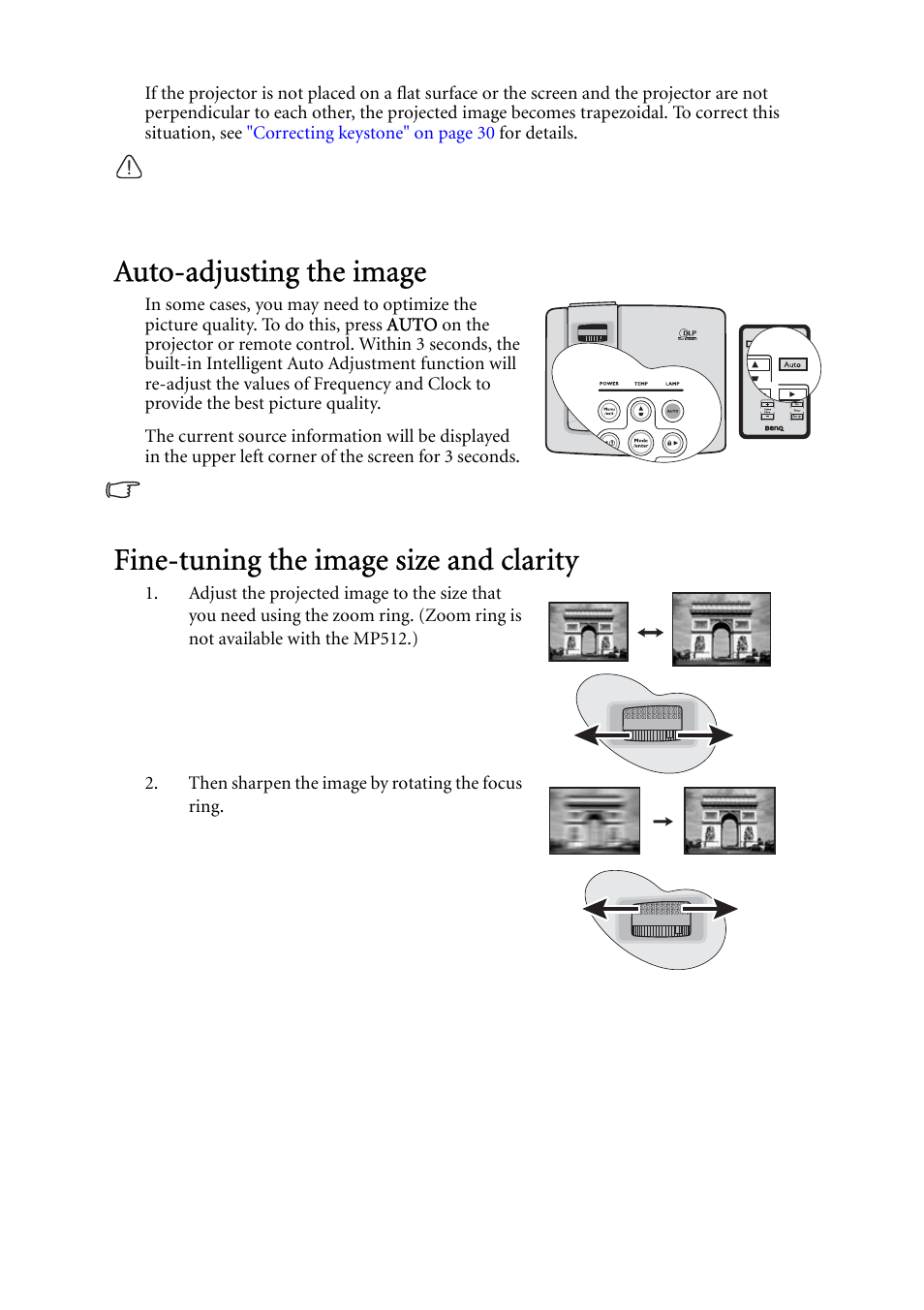 Auto-adjusting the image, Fine-tuning the image size and clarity, Fine | BenQ MP522 User Manual | Page 29 / 59