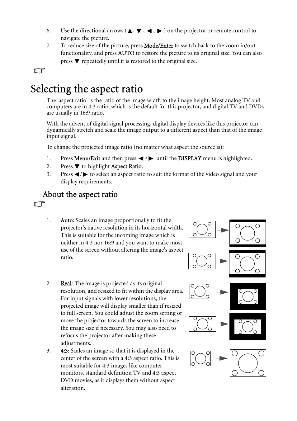 Selecting the aspect ratio, Selecting, About the aspect ratio | BenQ MP522 User Manual | Page 31 / 59
