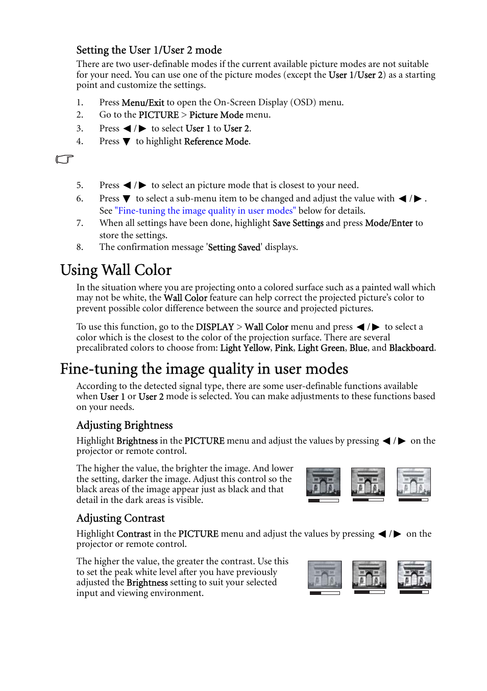 Using wall color, Fine-tuning the image quality in user modes, Setting the user 1/user 2 mode | Adjusting brightness, Adjusting contrast | BenQ MP522 User Manual | Page 33 / 59