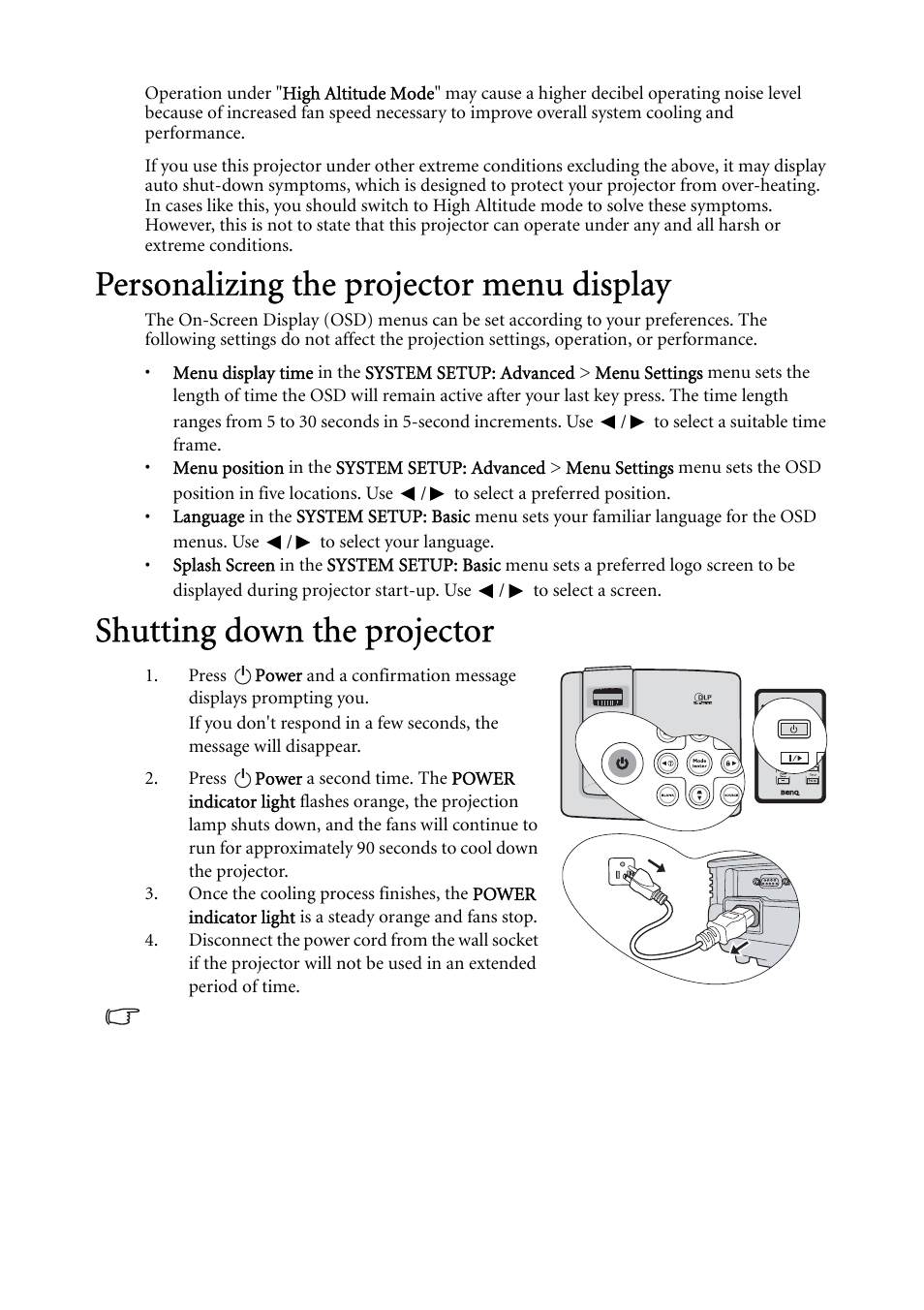 Personalizing the projector menu display, Shutting down the projector, Shutting down | BenQ MP522 User Manual | Page 39 / 59