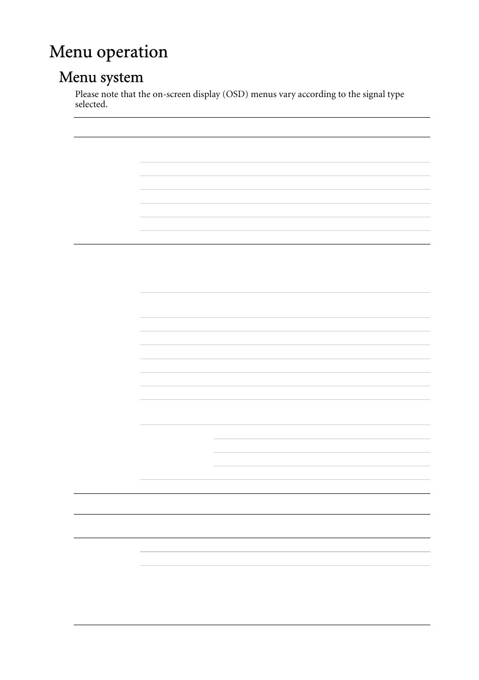 Menu operation, Menu system | BenQ MP522 User Manual | Page 40 / 59