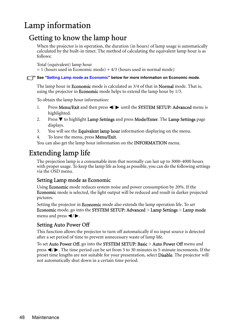 Lamp information, Getting to know the lamp hour, Extending lamp life | Setting auto power off " on | BenQ MP522 User Manual | Page 48 / 59