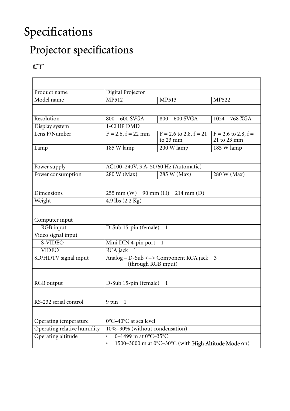 Specifications, Projector specifications | BenQ MP522 User Manual | Page 55 / 59