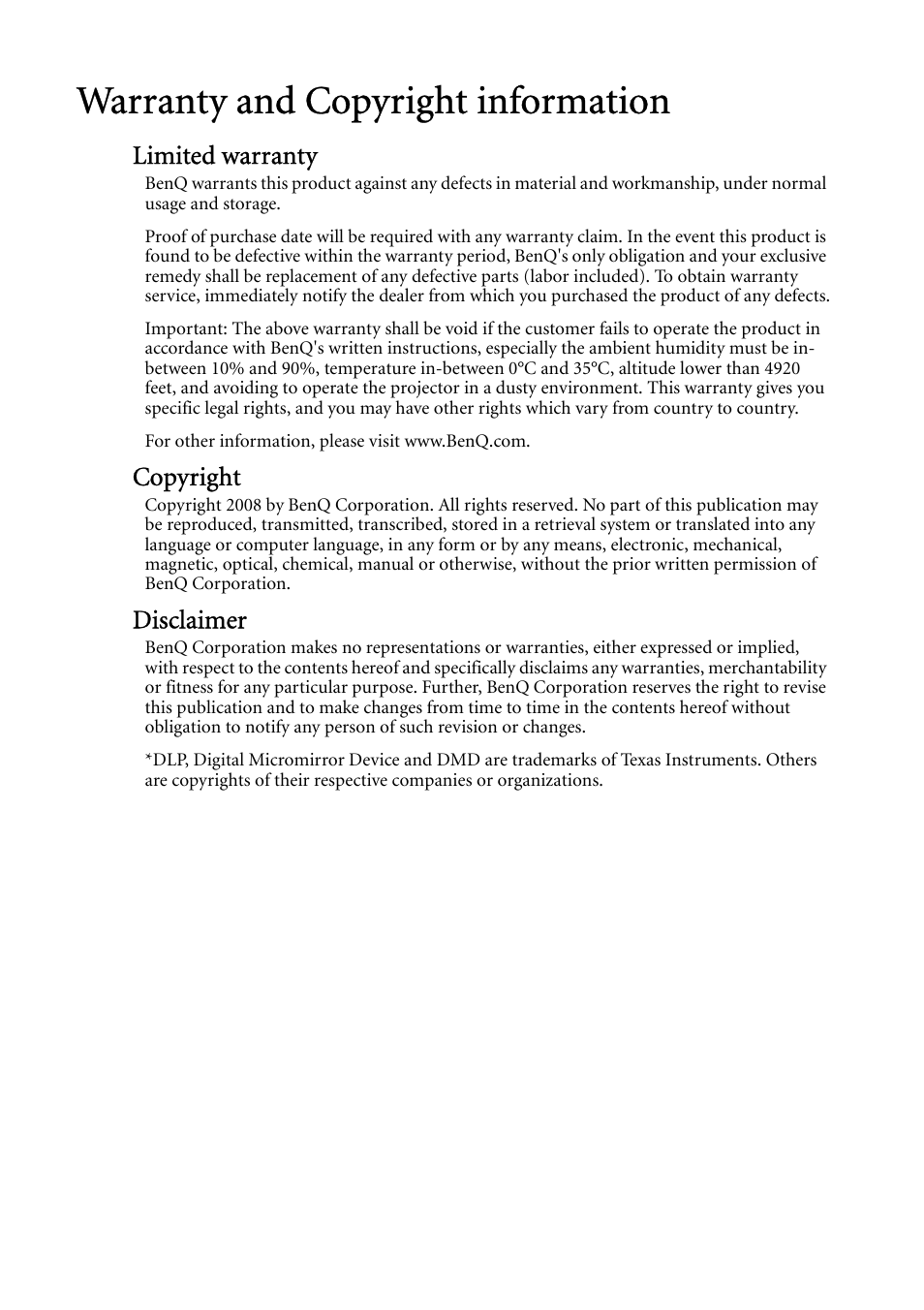 Warranty and copyright information, Limited warranty, Copyright | Disclaimer | BenQ MP522 User Manual | Page 58 / 59