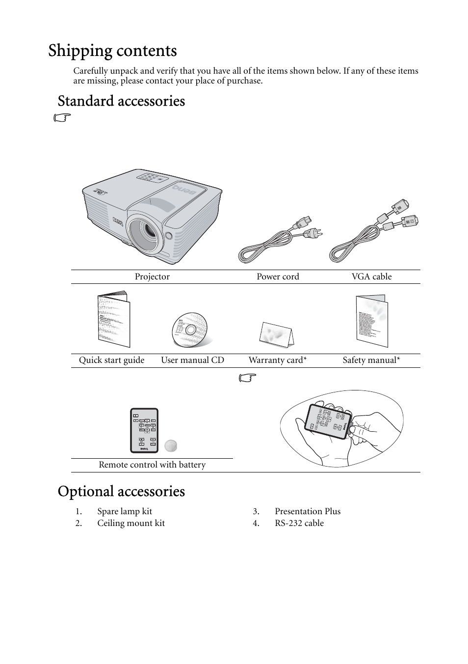 Shipping contents, Standard accessories, Optional accessories | BenQ MP522 User Manual | Page 8 / 59
