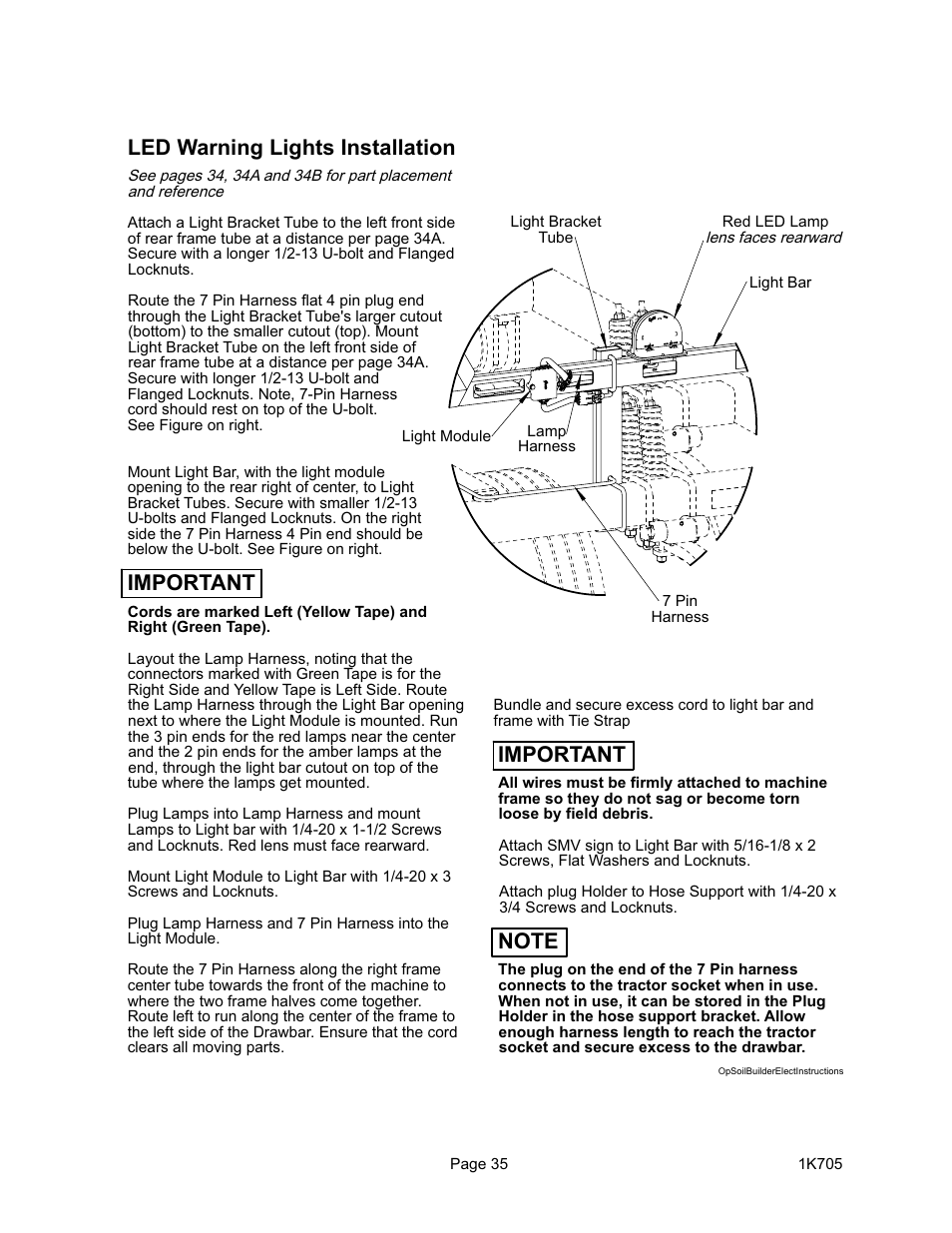 Led warning lights installation, Important | Landoll HSB 71-1 through 131-1 SOIL BUILDER Coulter Chisel - Extended Frame User Manual | Page 39 / 42