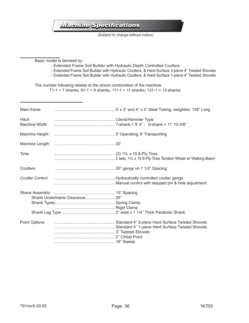 Achine, Pecifications | Landoll HSB 71-1 through 131-1 SOIL BUILDER Coulter Chisel - Extended Frame User Manual | Page 40 / 42