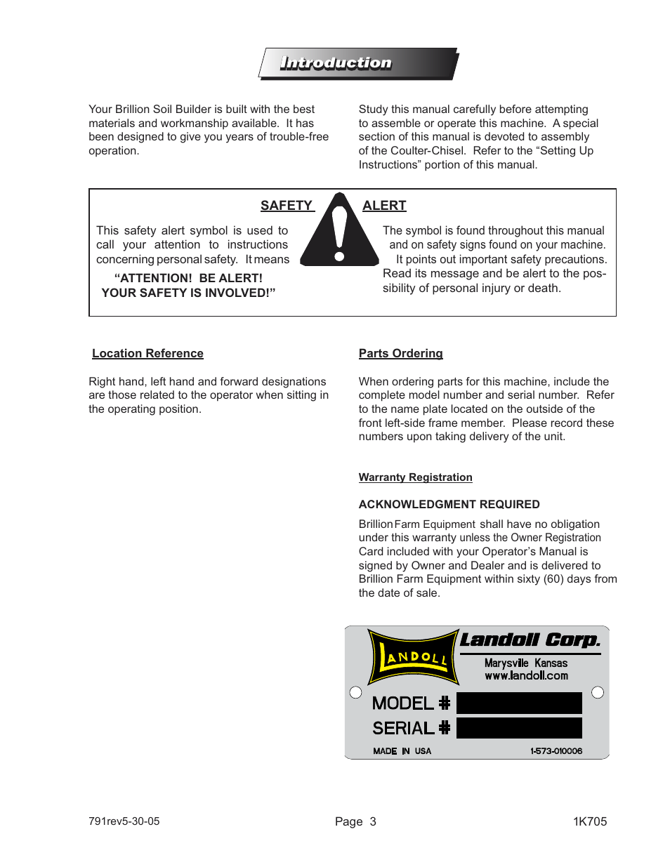 Ntroduction | Landoll HSB 71-1 through 131-1 SOIL BUILDER Coulter Chisel - Extended Frame User Manual | Page 5 / 42