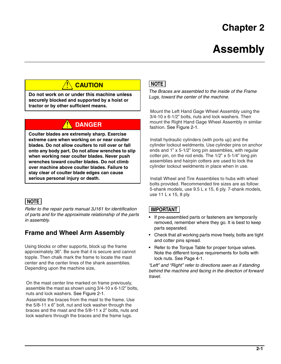 Assembly, Frame and wheel arm assembly, Chapter 2 | Caution, Danger | Landoll HCDA73-1 Soil Builder Coulter Chisel User Manual | Page 11 / 40