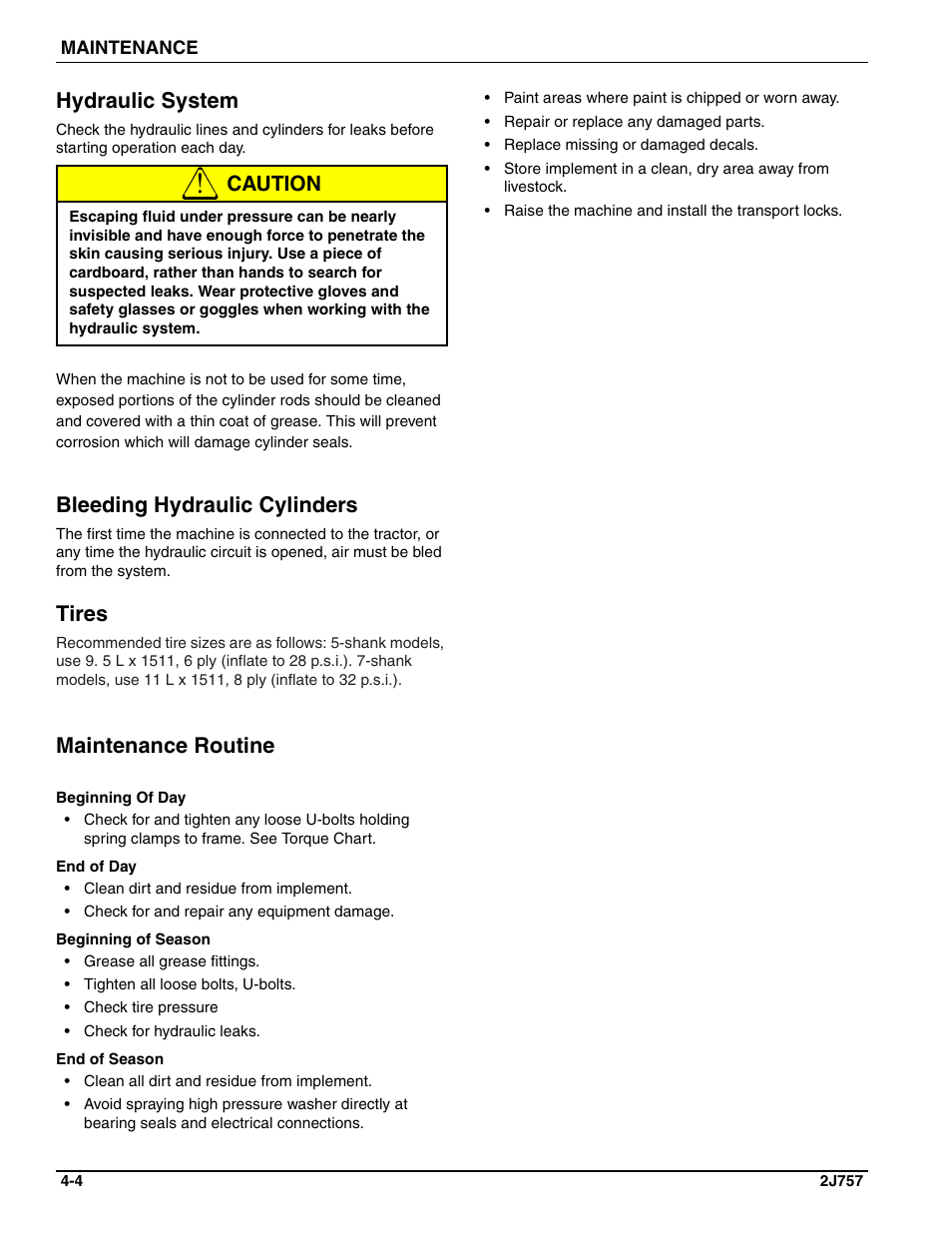 Hydraulic system, Bleeding hydraulic cylinders, Tires | Maintenance routine, Caution | Landoll HCDA73-1 Soil Builder Coulter Chisel User Manual | Page 36 / 40