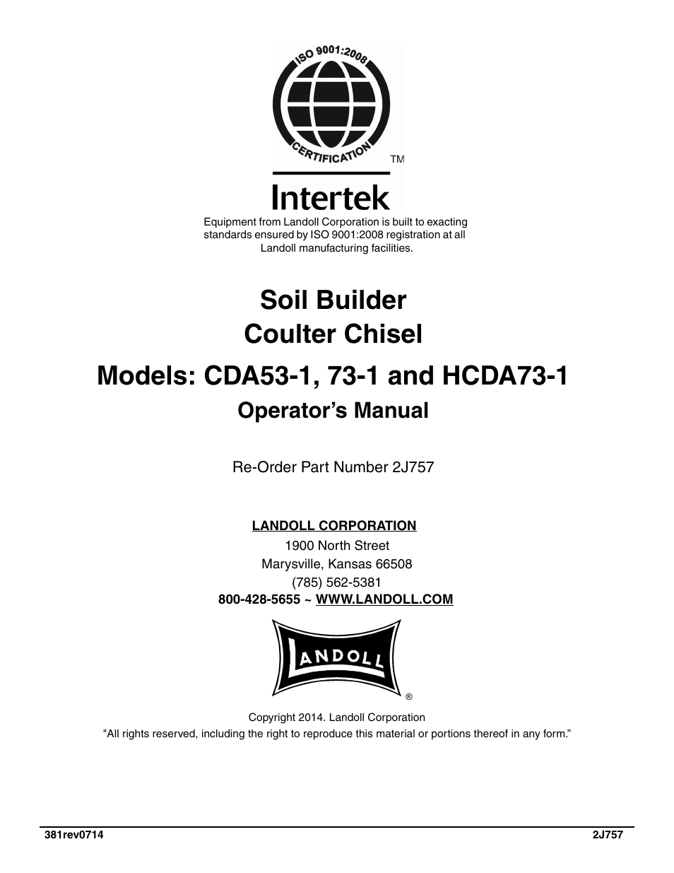 Operator’s manual | Landoll HCDA73-1 Soil Builder Coulter Chisel User Manual | Page 40 / 40