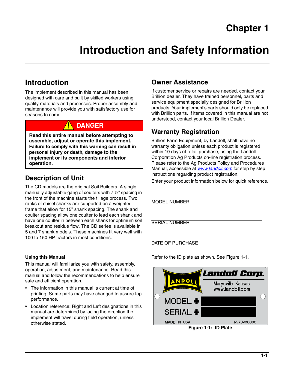 Introduction and safety information, Introduction, Description of unit | Owner assistance, Warranty registration, Chapter 1 | Landoll HCDA73-1 Soil Builder Coulter Chisel User Manual | Page 5 / 40