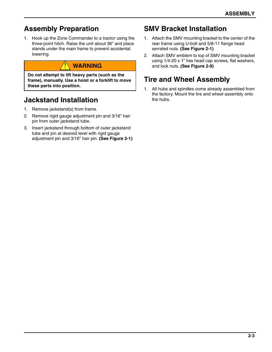 Assembly preparation, Jackstand installation, Smv bracket installation | Tire and wheel assembly | Landoll 2510 Zone Commander User Manual | Page 11 / 40