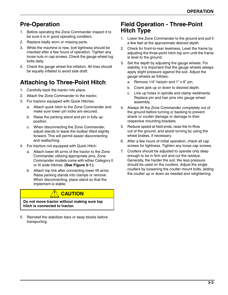 Pre-operation, Attaching to three-point hitch, Field operation - three-point hitch type | Caution | Landoll 2510 Zone Commander User Manual | Page 27 / 40