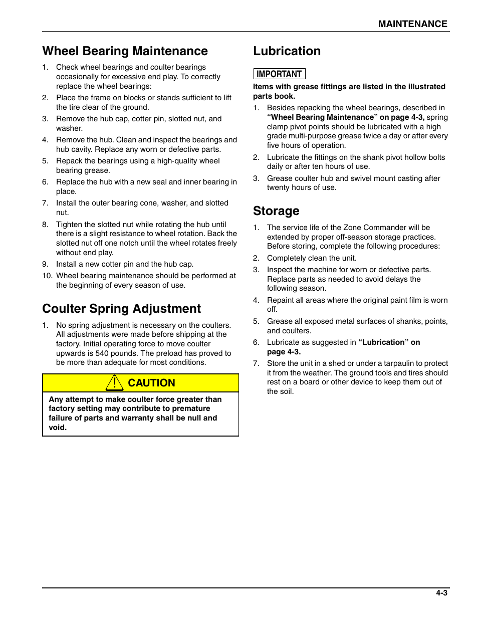 Wheel bearing maintenance, Coulter spring adjustment, Lubrication | Storage, Caution | Landoll 2510 Zone Commander User Manual | Page 31 / 40