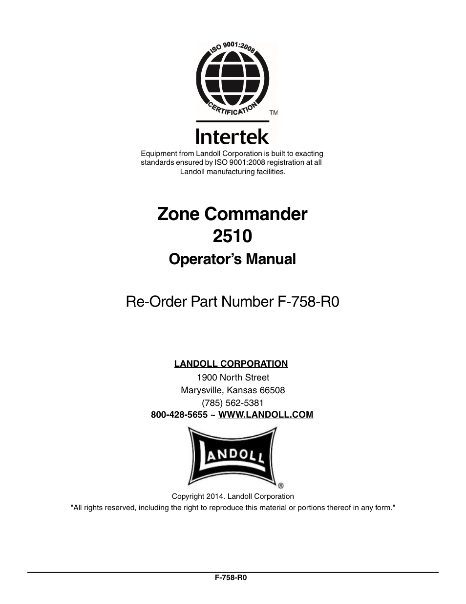 Zone commander 2510, Operator’s manual re-order part number f-758-r0 | Landoll 2510 Zone Commander User Manual | Page 40 / 40