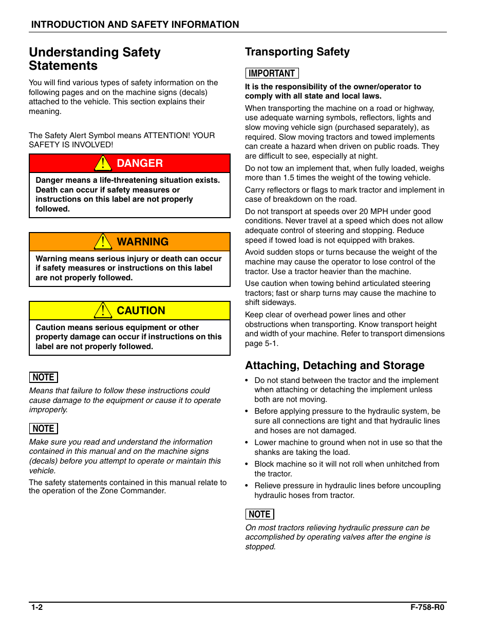 Understanding safety statements, Transporting safety, Attaching, detaching and storage | Danger, Warning, Caution | Landoll 2510 Zone Commander User Manual | Page 6 / 40